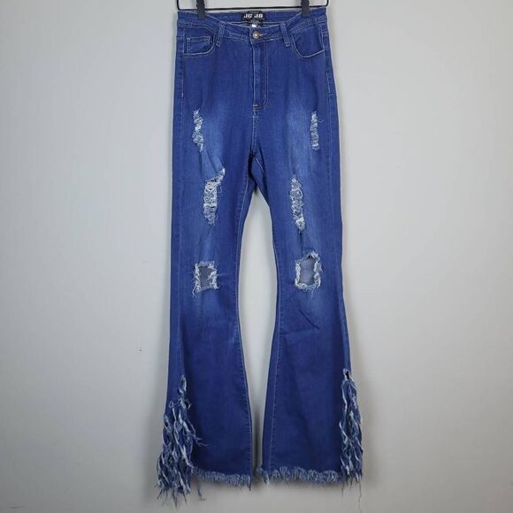JC & JQ Estilo Womens XL High Rise Jeans Flare Distressed Fringe Frayed Stretch - Picture 1 of 7